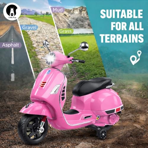 Image of Little Pup Battery Operated Ride On Scooter for Kids 2 to 6 Years | Electric Vespa Style Bike with Music, LED Headlight, Rechargeable Battery, Training Wheels | Kids Scooter (Pink)