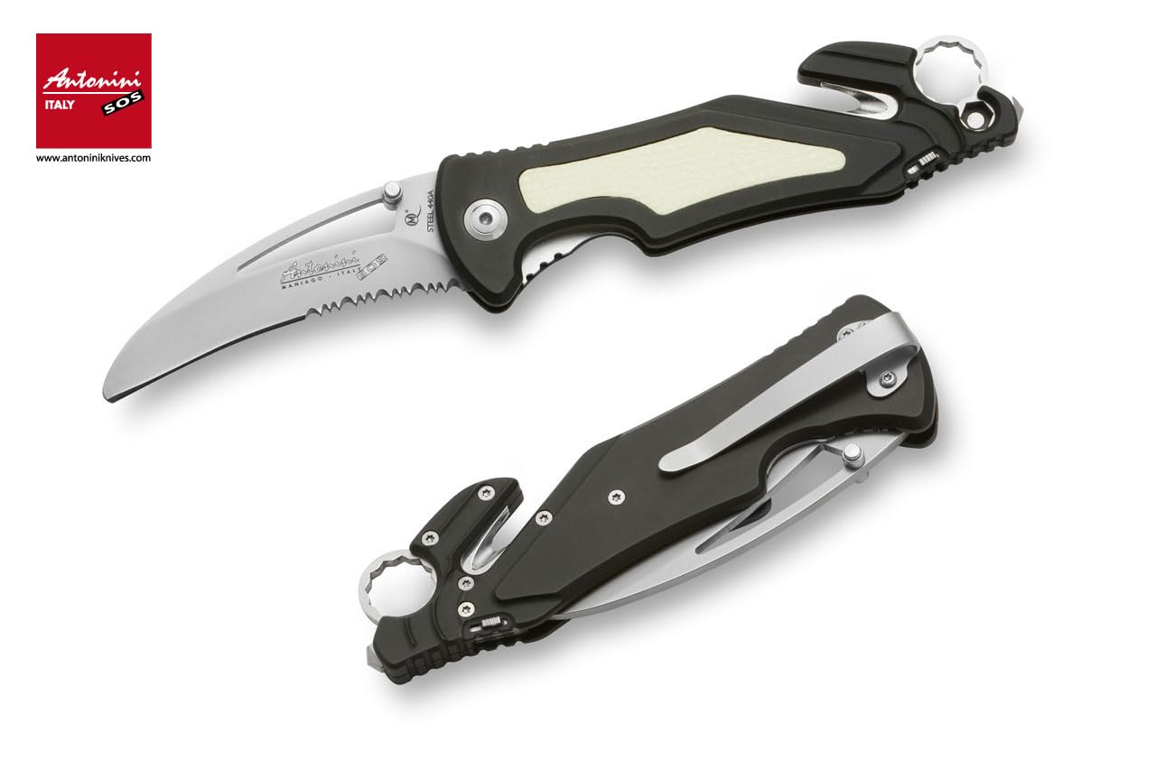 ANTONINI Coltello Professionale da Soccorso, con manico in alluminio anodizzato nero ed inserto antiscivolo e fotoluminescente, lama in Aisi 440A combo (art. SOS.ARA_BAT N/S)