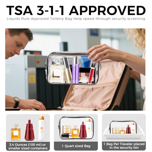 AURUZA Clear Makeup Bag, TSA Approved Cosmetic Travel Toiletry Organizer, Quart Size Carry On Compliant, Water Resistant Airport Airline Essentials3
