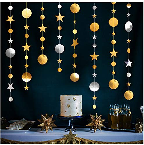 Image of Gold Silver Party Star Circle Dot Decoration Gold Silver Hanging Garland Streamer Decorations Glitter Star Bunting Banner Twinkle Backdrop for Engagement Wedding Baby Shower Birthday Christmas