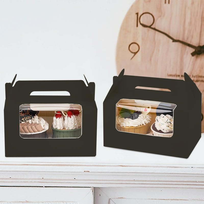 100Pcs 16.5×9.5×9cm/6.49×3.74×3.54 inch Kraft Paper Cupcake Packing Box Christmas Gift Box with Clear Window 2 Cavity Muffin Cupcake Wedding Party Birthday Favors (100Pcs Black)
