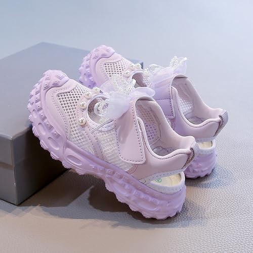 Girs Mesh Sneakers-Easy Strap, LaceBow & Pearl Detail- Lightweight CasuaShoes-Pink,Purple,Beige-EU 28-372