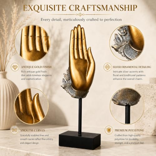Image of ARMONIA Divine Blessing Mudra Figurine, Premium Polystone Hand Sculpture with Antique Golden Finish, Luxury Decorative Showpiece for Living Room, Office, Shelf, Tabletop & Home Decor, 13.3 Inches