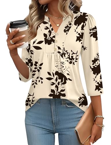 IECCP Womens Shirts Business Casual 3/4 Sleeve Tops 2026 Dressy Ladies Puff Sleeve Tunic Top Work Basic Tees Pleated Flowy Tunics (Apricot Black Floral,M)