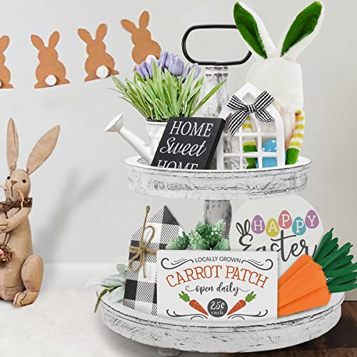 Farmhouse Decor, Two Tiered Tray White With 3 Wood Cute Signs, Wooden Rustic Modern Decorations Items For Home Kitchen Shelf Coffee Bar Table #TOP6