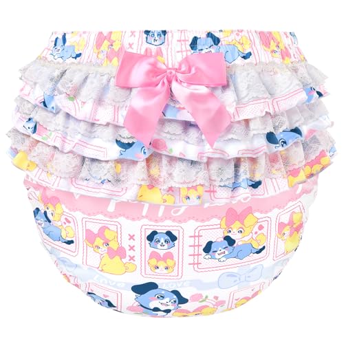 Image of LittleForBig Silky Washable Reusable Waterproof Ruffled Lace Bow Puppy Love Little Blue Pattern Ruffle Adult Diaper Cover L