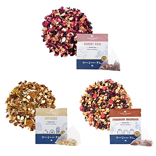 Taimei Teatime Herbal Tea Sampler, Organic Loose Leaf Tea Bags*3, Cherry Rose(4g), Satsuma Mandarin Orange(4g), Strawberry Macaroon(4g), Brew Hot Tea or Iced Tea