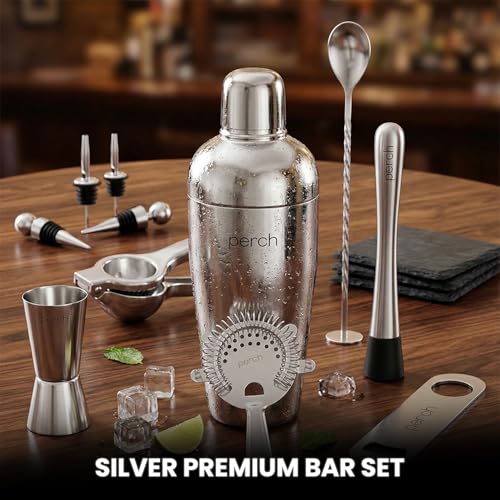 Image of O' Holic by Perch Portable Bar Bag Set | Premium Leatherette Travel Bartender Kit | 13-Piece Cocktail Shaker Set with Jigger, Strainer, Muddler & Bar Tools | Premium Gift for Men| Silver