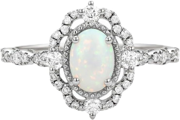 925 Sterling Silver Genuine Opal Engagement Rings Center 1.5 Carat Oval Shaped Vintage Opal Birthstone Rings with Moissanite for Wedding Anniversary - Size 7