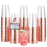 JOLLY CHEF 100 Pack Rose Gold Plastic Disposable Cups, 12 oz Clear Plastic Cups Tumblers, Elegant Rose Gold Rim Disposable Glasses Suitable for Party Wedding