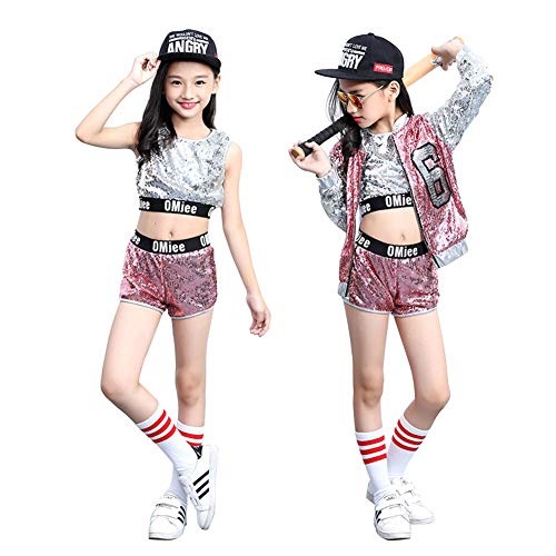XCR Trajes de Baile Niños Niñas Moderno Tops Jazz Hip-Hop Danza Street Dancewear Conjunto Tutu Dress Costume Ropa Béisbol Lentejuelas Disfraz Capa 4-16T (Rosa (Abrigo + Top + Shorts), 110 (4-5 años))