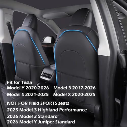 Image of TOPABYTE Seat Back Kick Protector for Tesla Model Y Model 3 Model S Model X | Scratchproof Leather Backseat Mats for Kids & Pets Wear-Resistant Back Seat Cover with Extra Organizer Pocket 2 PCS - Black