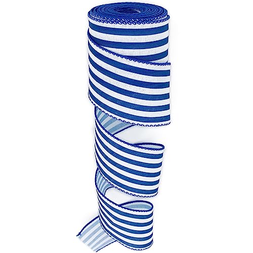Leecogo Ribbon Wired 2 1/2x10 Yard Royal Blue White Stripe Ribbon for Easter Christmas Independence Day Wreath Spring Summer Wedding Baby Shower Birthday