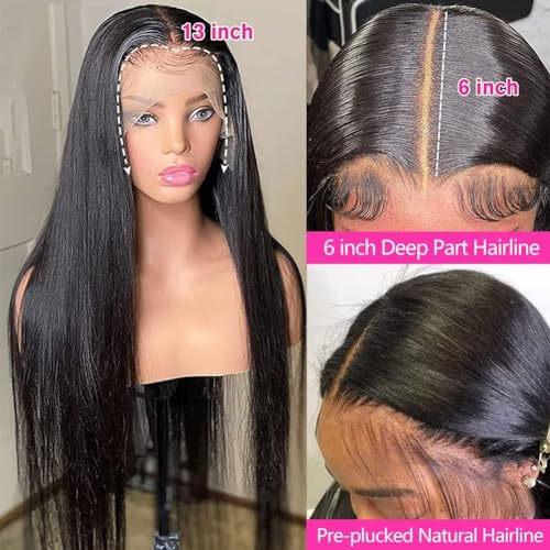 Image of tobasew 13x6 Straight Lace Front Wigs Human Hair HD Transparent Lace Frontal Human Hair Wigs for Women Glueless Wigs Human Hair Pre Plucked 36 Inch