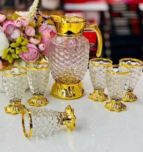 Image of Crystal Golden Water and Juice Glasses Set of 6 and Jug 1 piece Transparent, Glass and Jug Set for Dining Table,Party,Gift Set,All pourpse use Set of 1 (7 piece) (MT-7)