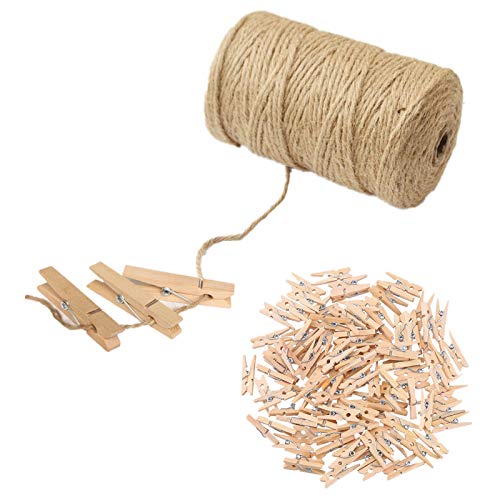 PHOLSY Jute Twine Christmas Packing String,100pcs 3.5cm Mini Wooden Clips Pegs Clothespins and 328 Feet Jute String 3Ply Jute Rope for Photos Paper Wall, Gifts, DIY, Arts Crafts, Weddings & Events