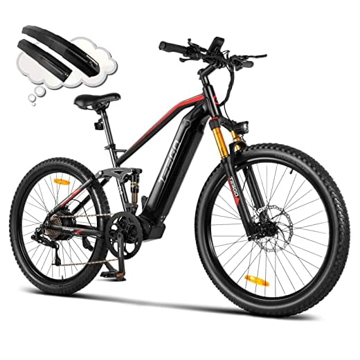 TESGO Electric Bike for Adults 27.5", CLG 【Upgrade Torque Sensor】 Full Suspension Mountain Bike 750W Peak, Electric Dirt EBike with 48V 16Ah Battery, 9-Speeds Gear Bicycle for Commuter, Beach, City