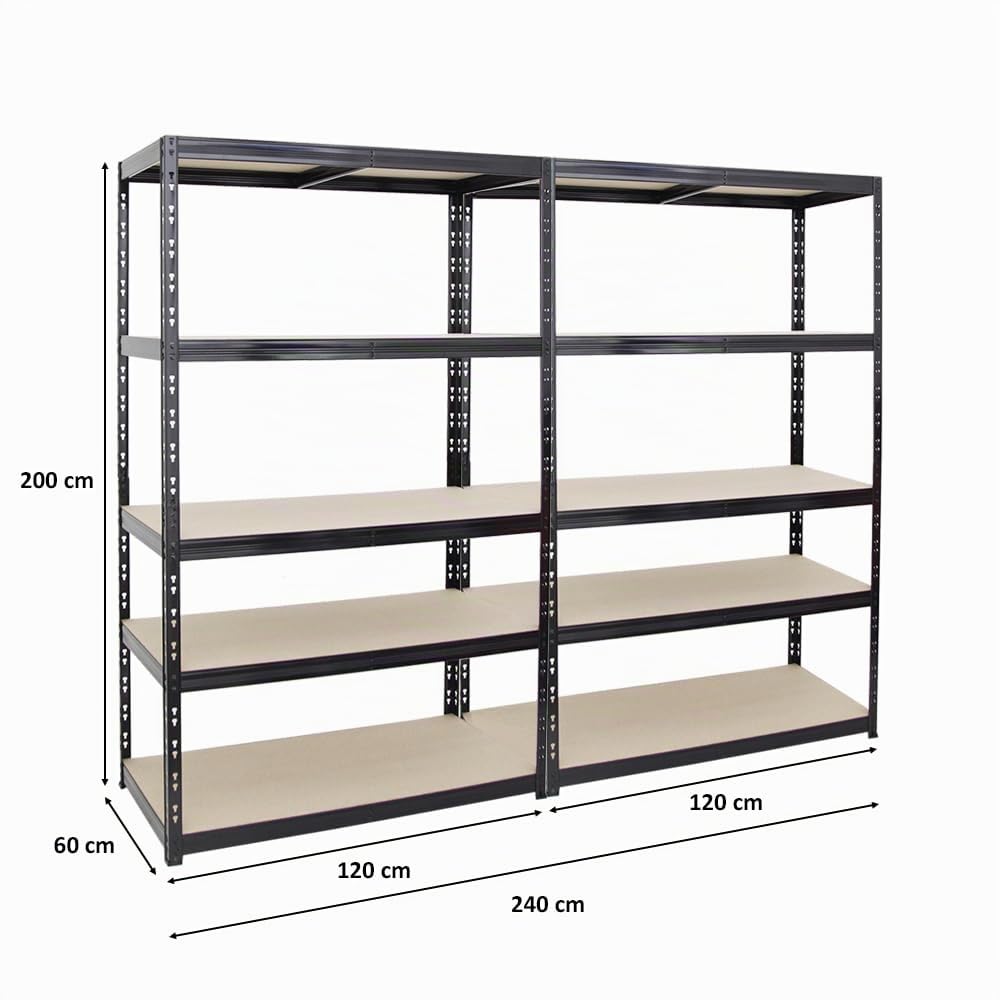 PROREGAL Mega Deal | 2X Schwerlastregal Giant Tiger | HxBxT 200x120x60cm | Fachlast 265kg | 5-Ebenen | Schwarz | Garagenregal Kellerregal, Werkstattregal