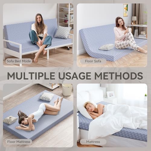 Meulbaty Full Size Futon Mattress -5\" Extra Thick Foldable Japanese Floor Mattress - Memory Foam Sleeping Pad for Adults - Tatami Mat Suitable for Camping & Guest(Grey,Full:75\" L x 54\" W x 5\" Th)
