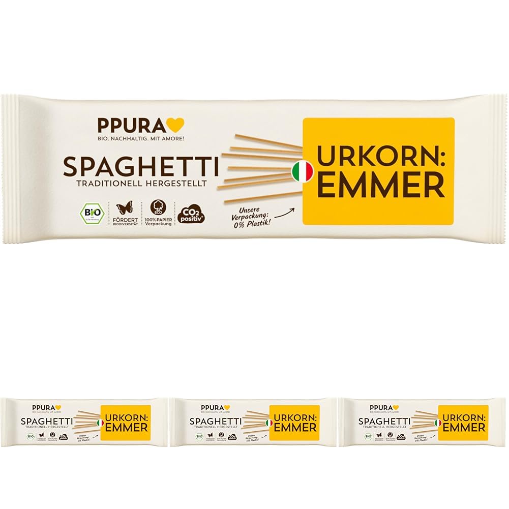 PPURA Bio Spaghetti Emmer Pasta 500 g, 100% natürliche Spaghetti aus dem Urkorn Emmer, Made in Italy - italienische Nudeln ohne Zusatz-, Farb- oder Konservierungsstoffe (Packung mit 4)