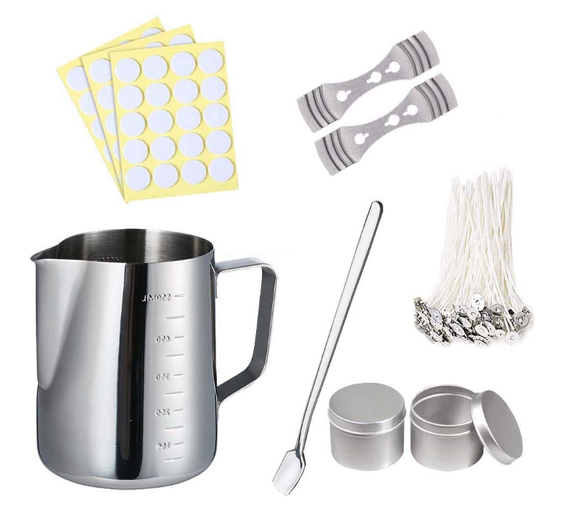 Candle Making Kit 50 Pcs Candle Wicks 1 Pcs 550ml Candle Pouring Pot, 50 Pcs Candle Wicks Sticker, 2 Pcs Candle Wicks Holder, 2 Pcs Candle Tins and 1 Pcs Spoon Candle Making Tools for Adults Diy Kit