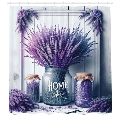ABAKUHAUS Lila Duschvorhang, Zuhause Schriftzug mit Lavendeln in Gläsern...