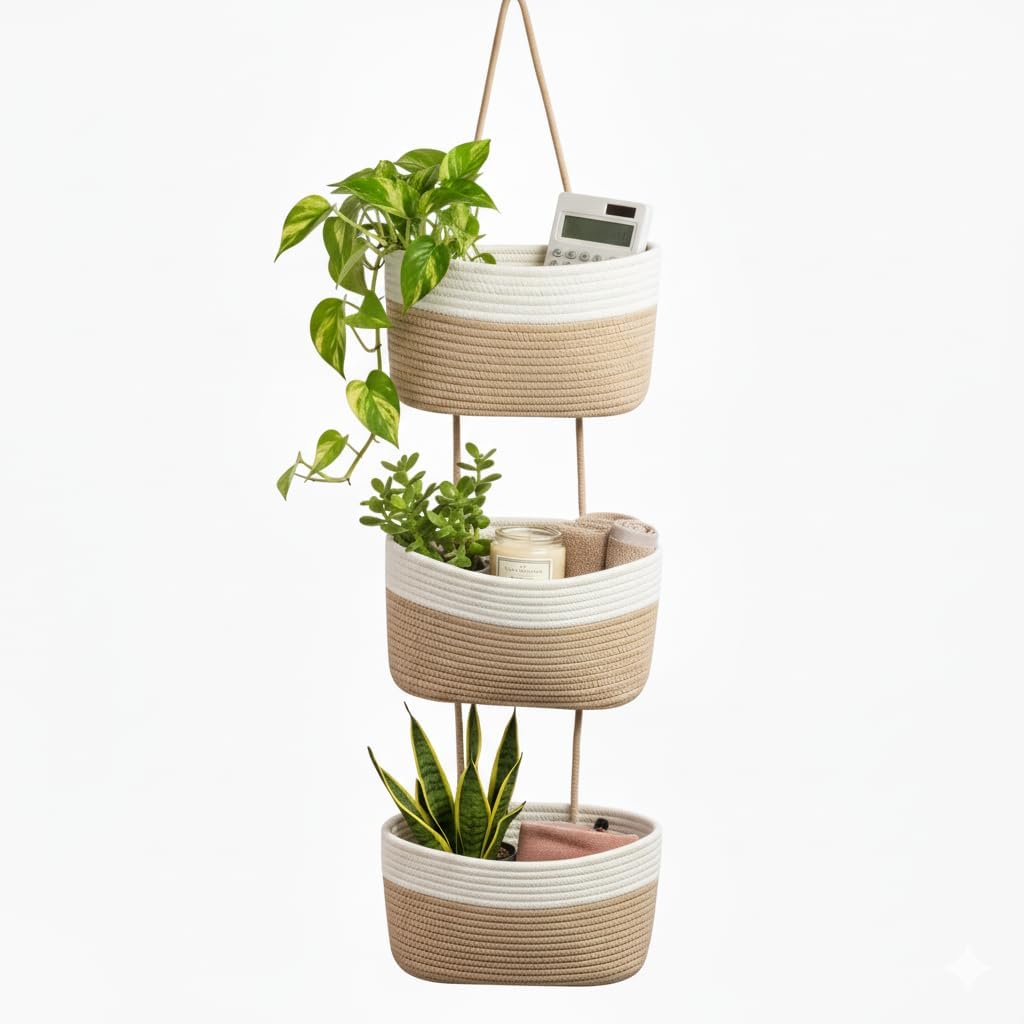 Hanging Wall Basket, Over the Door Hanging Basket with Hooks, 3-Tier Cotton Hanging Basket for Organizing, Decorative Boho Chic Decor for Wall, Bedroom, Living Room, Nursery, Whte & Jute