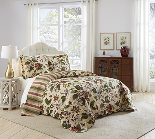 Waverly Laurel Springs Traditional Farmhouse Floral 3-Piece Reversible Quilt Bedding Bed Spread Set, Queen, Parchment