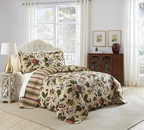 Best Cyber Monday 🔥 WAVERLY Laurel Springs Traditional Farmhouse Floral 3-Piece Reversible Quilt Bedding Bed Spread Set, King/Calking, Parchment