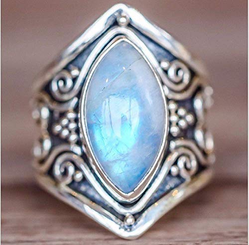 Victorian Style Boho 925 Silver Natural Vintage Moonstone Women Jewelry Elegant Gemstone Wedding Ring Size 6-11 (Size 9)