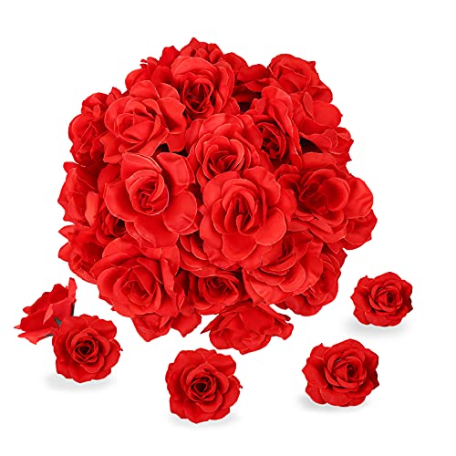 Kesote 50 pcs Künstliche Blumenköpfe Blütenköpfe Kunst Blumen Rosen Köpfe für Hochzeit Party Deko DIY (Ø 6cm, Rot)