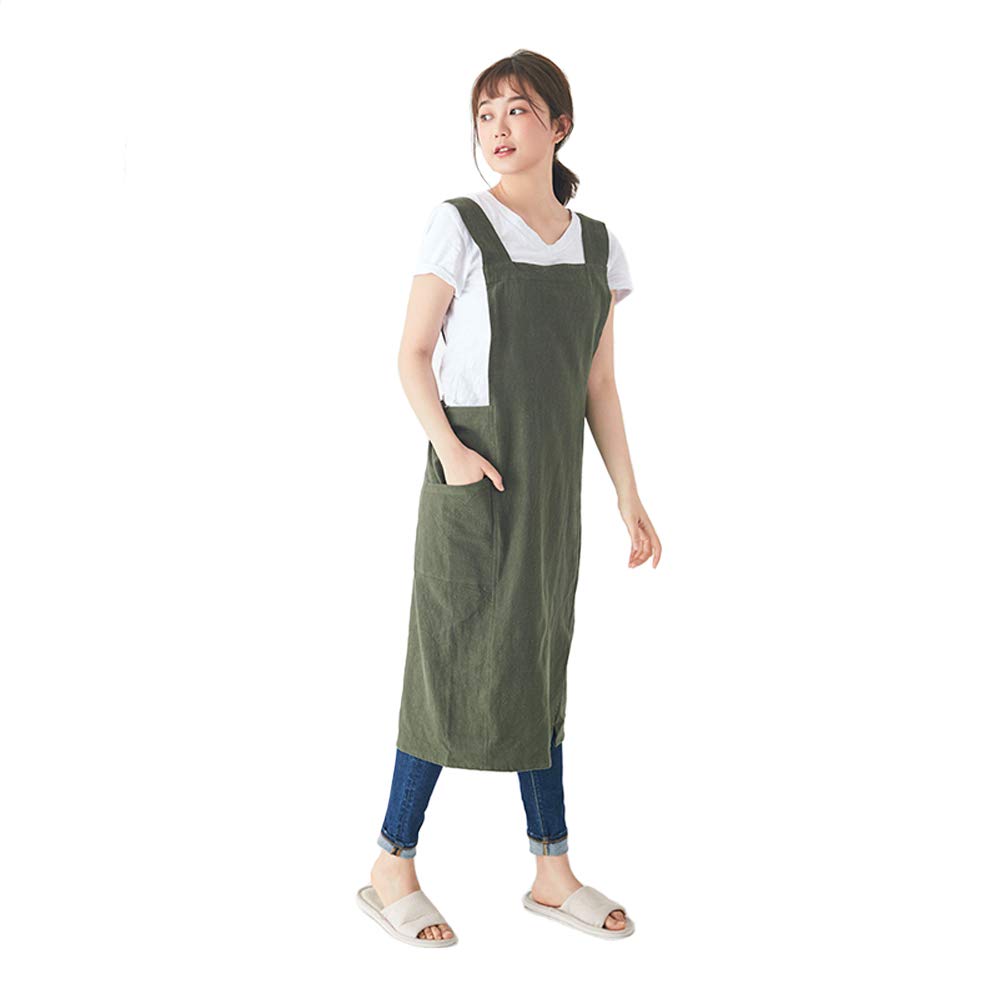 LeerKing Cotton Linen Cross Back Apron Japanese Style Apron Aprons with Pockets for Women Men Cooking Cleaning Crafting Gardening Barbeque Pottery Baking, Green