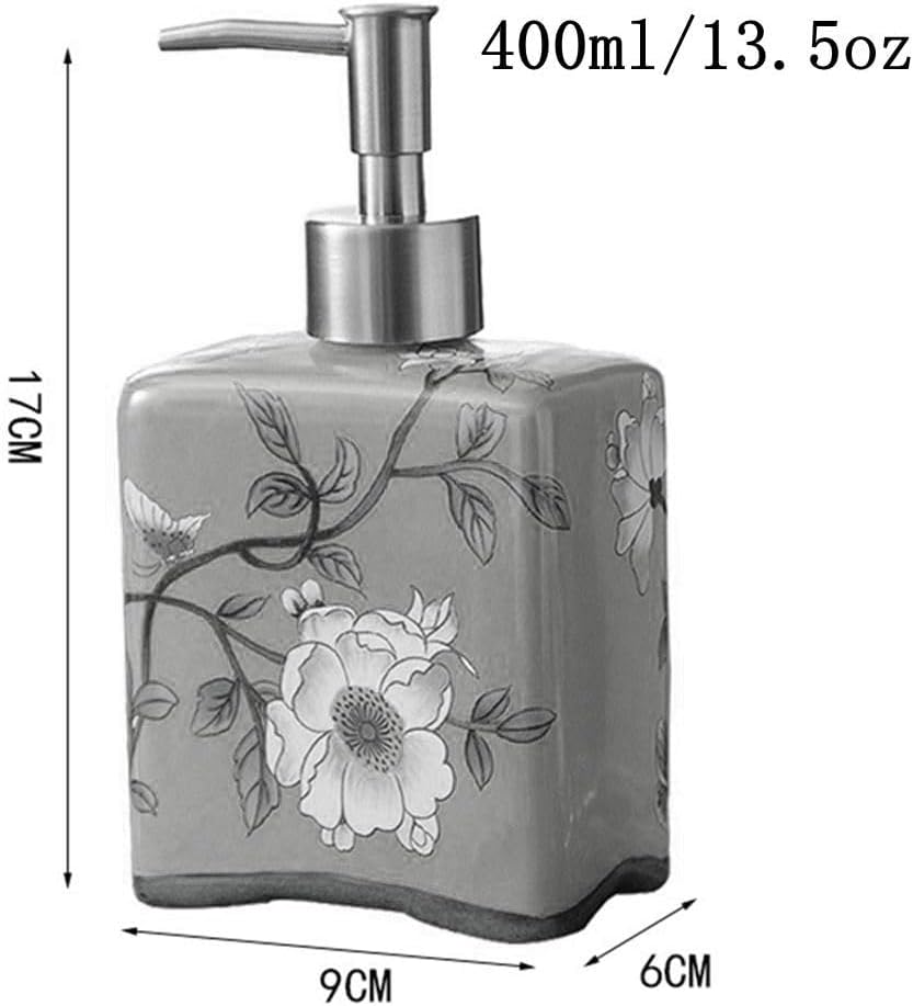 Handmade Ceramic Soap Dispenser for Bathroom Kitchen Shower Square Shaped Decorative Chinese Painting Vintage Refillable Hand Lotion Pump Bottle for Liquid Soap Shampoo Lotions Light Blue