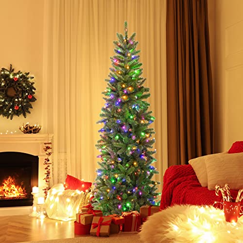 BestComfort 6 FT Pre-Lit Christmas Pencil Tree with 270 LED Warm White & Multi-Color Lights, 10 Flash Modes, 648 Tips, Hinged Slim Artificial Xmas Tree for Holiday Party Home Office, Green