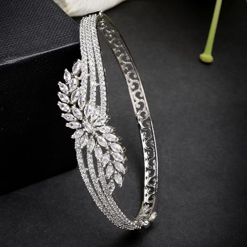 Image of ZENEME Rhodium-Plated Silver Toned American Diamond Studded Contemporary Kada Bracelet For Girls and Women