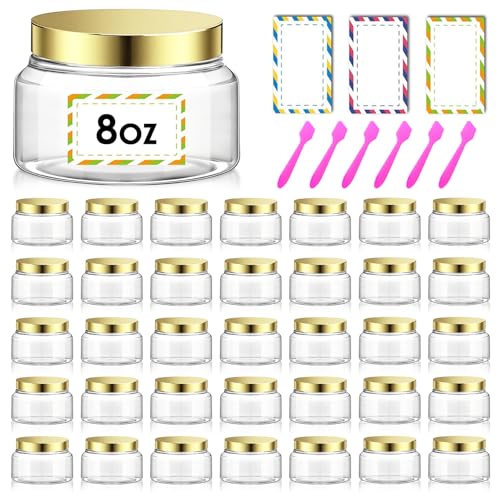36 Pack 8 oz Plastic Cosmetic Containers With Lids Refillable Clear Empty Travel Jars Containers for Body Butter Sugar Scrubs Cream Lotions Candy Waterproof Label&Spatulas - (Gold)