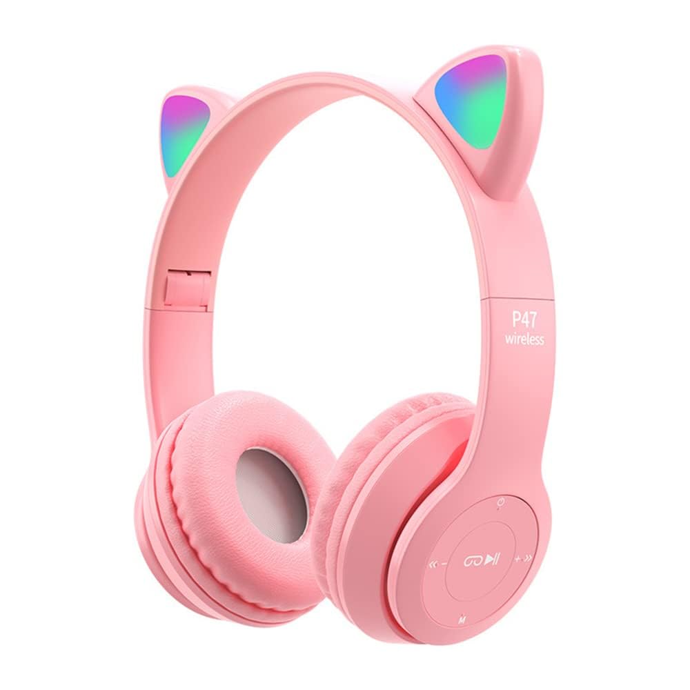 Aputue Cat Ear Kids Headphones, Led Light Up Bluetooth 5.0 Wireless Kids Headphones, Foldable Cat Ear Headphones for iPad, Smartphone, PC, Tablet