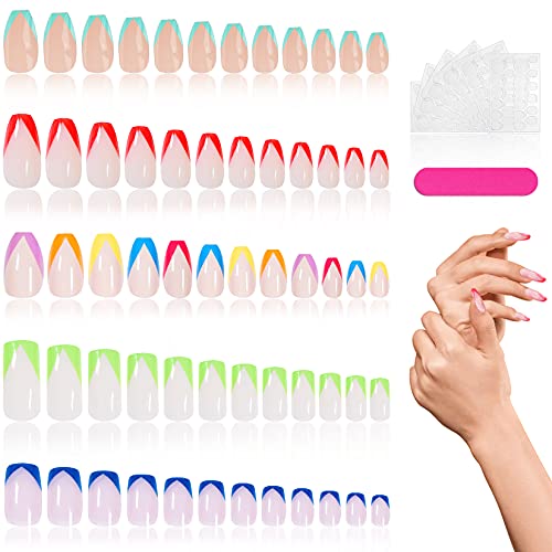 120 Pcs Glue on Nails Coffin Fake Nails French Tips Press on Nails Rainbow Square False Nails Full Cover Stick on Nail with Glue Stickers and Nail File for Women and Girls Party Gift