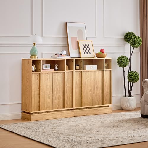 Image of 31.7'' Mid Century Modern Accent Sideboard Storage Cabinet, Natural Wood | 11.9''D Slim Credenza, 2 Doors, 3 Open Cubbies, Adjustable Shelf, for Narrow Entryway, Hallway, Living Room & Dining
