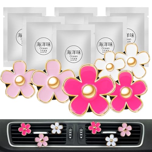 Image of Pink Flower Car Air Fresheners Vent Clips for Women Gifts for Mom Girls | 6PCS Pink /White /Rose Car Scent Clips Girly Daisy Aesthetic Christmas Decorations Interior Accessories for Cars Perfume Decor