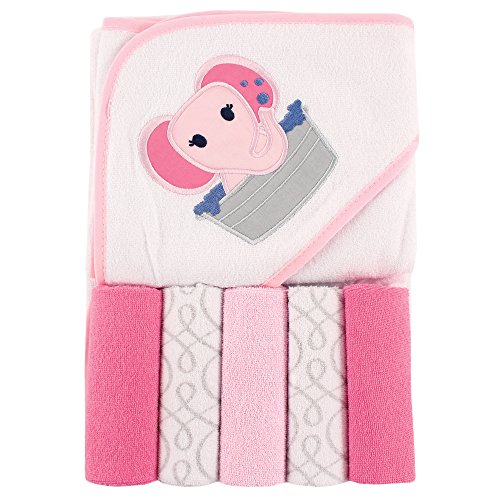 Image of Luvable Friends Unisex Baby Hooded Towel with Five Washcloths, Pink Elephant, One Size