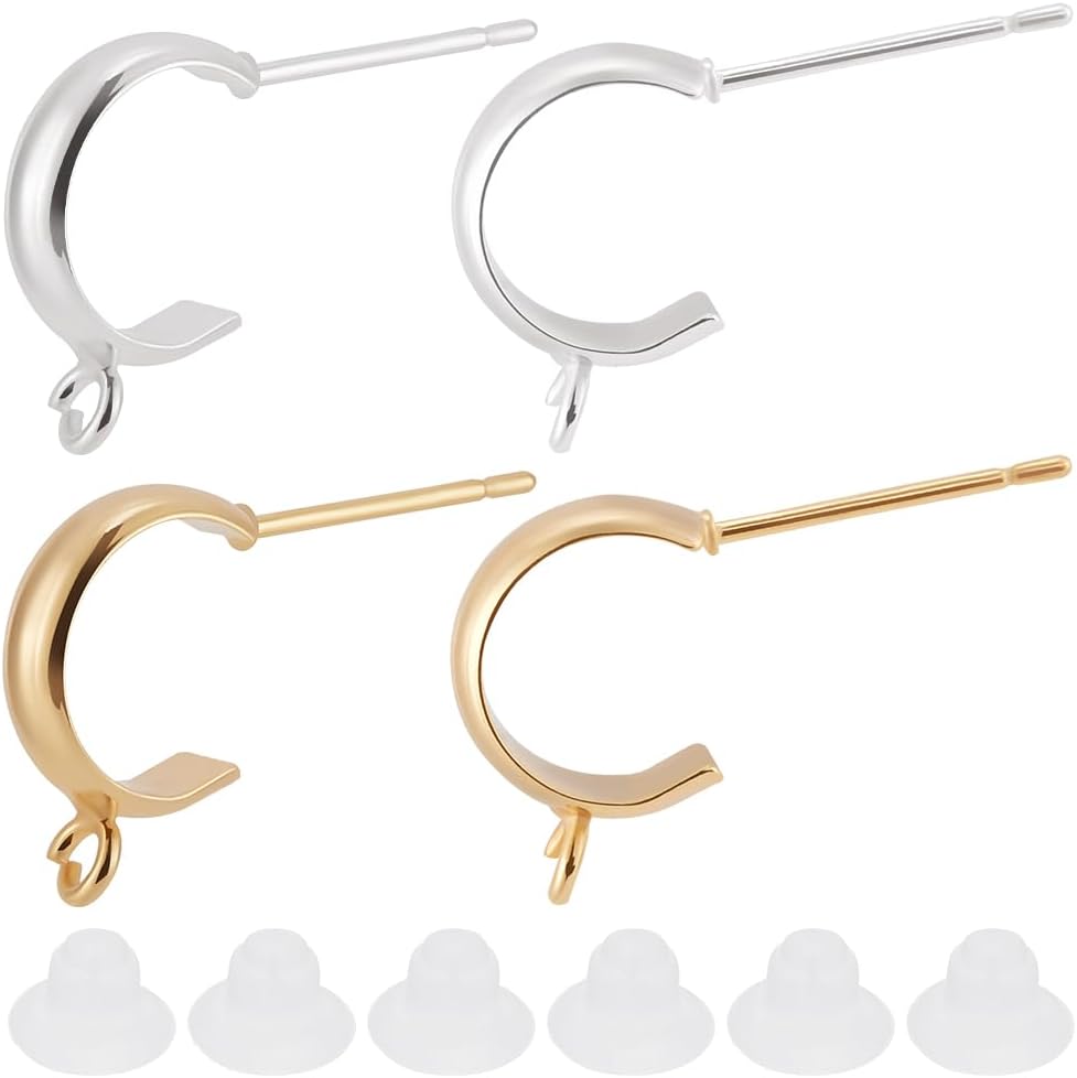 Beebeecraft 1 Box 20Pcs 2 Colors Half Hoop Earring Findings 18K Gold Plated Round Open Dangle Earrings 20Pcs Plastic Ear Nuts Silver Earring Hooks for Jewellery Making DIY Gifts Accessories