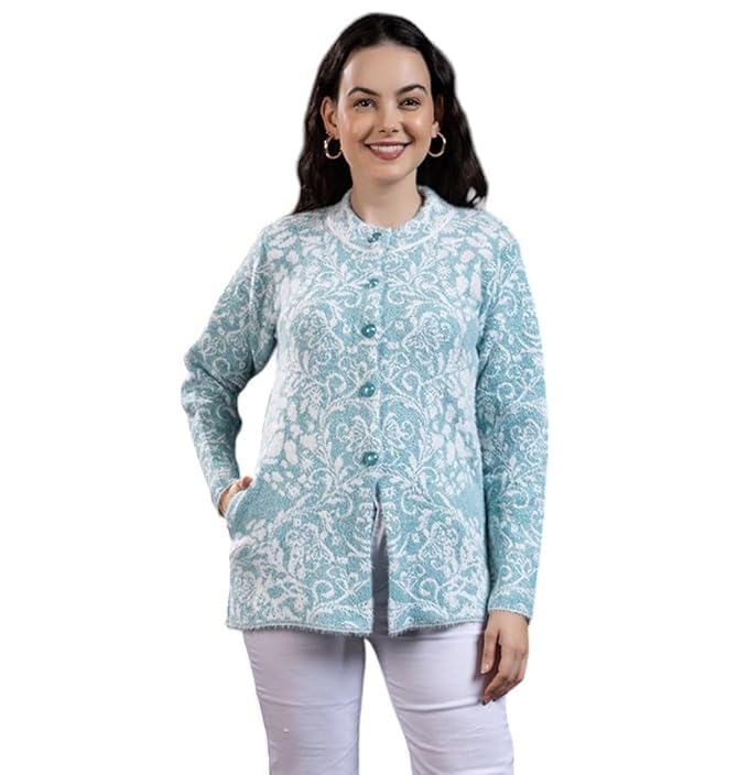 Women Woolen Round Neck Self Design Cardigan | Heavy Hair Fabric Winter Wear | Pure Wool Long Cotty Fully Warm Cardigan Sweater