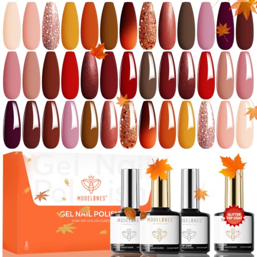 Image of modelones 24 PCS Gel Nail Polish Kit, 20 Colors Fall Pink Brown Nude Orange Gel Polish Set with Glitter, Glossy and Matte Top Base Coat Home DIY Manicure Nail Art Design Gifts