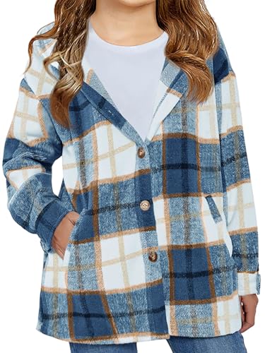 Image of Girls Cute Flannel Plaid Button Down Top with Pockets Long Sleeve Hooded Jacket