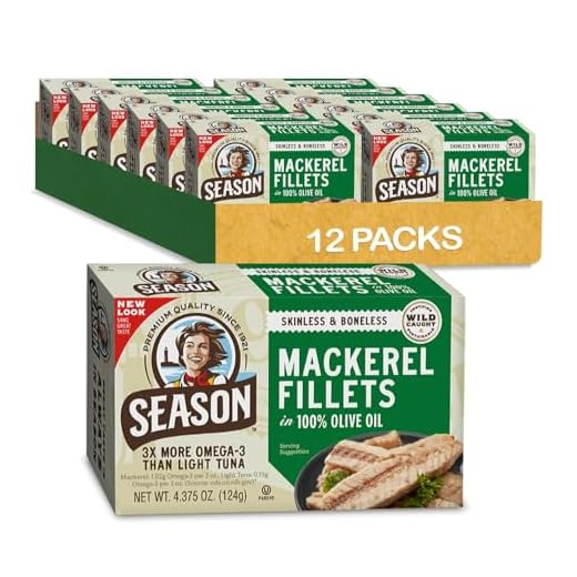 Season Mackerel in Olive Oil – Skinless & Boneless, Wild Caught, Keto Snacks, Canned Mackerel Fillets, Full of Vitamins, Low in Mercury, Kosher, Non-GMO, 20g of Protein – 4.37 Oz, 12-Pack