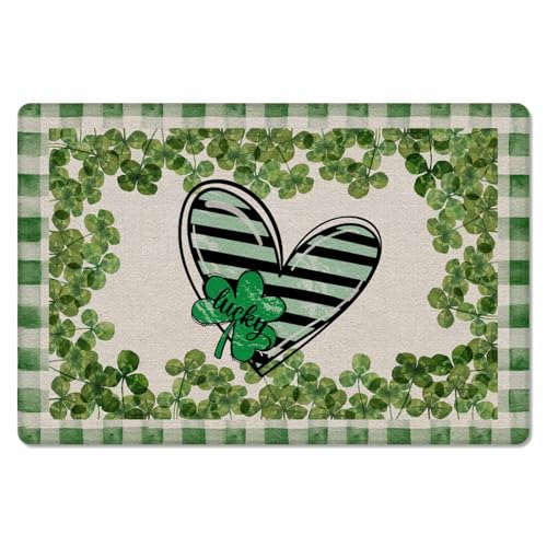 St. Patrick's Day Kitchen Bath Door Mat Cushioned Runner Rug,Washable Welcome Floor Sink Antifatigue Mat,Waterproof & Non-Slip Comfort Standing Doormat,Stripes Plant Love Buffalo Plaid Green 18