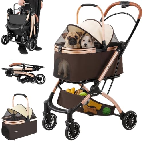 BAKAJI Passeggino per Cani e Gatti 2in1 con Navicella Rimovibile e Chiusura Salvaspazio, Carrozzina Animali Domestici con Capsula Trasportino Rimovibile e Tettuccio Apribile, Peso Max. 50kg (Marrone)