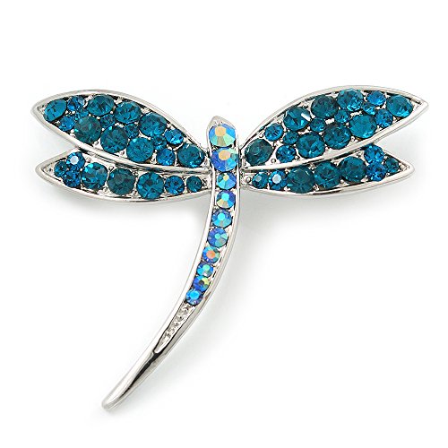 Avalaya Classic Teal Green Swarovski Crystal Dragonfly Brooch In Rhodium Plating - 6.5Cm Length #TOP6