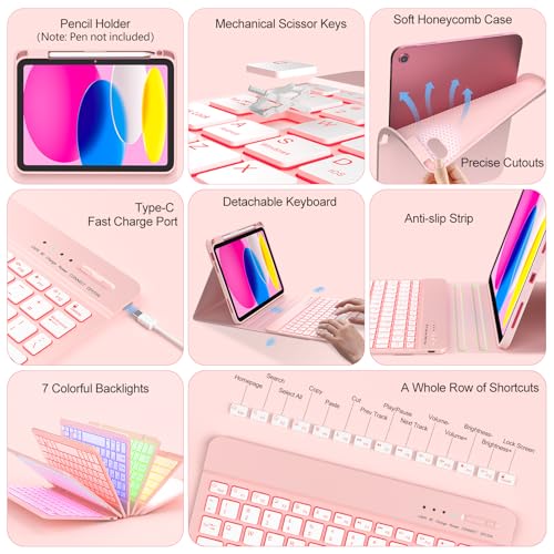 Image of COO 7 Color Backlit Keyboard Case for iPad 11th A16 /10th Gen | 7-Color Backlit Detachable Bluetooth Keyboard, Pencil Holder, Auto Wake /Sleep, 3 Angles, PU TPU Cover, Pink